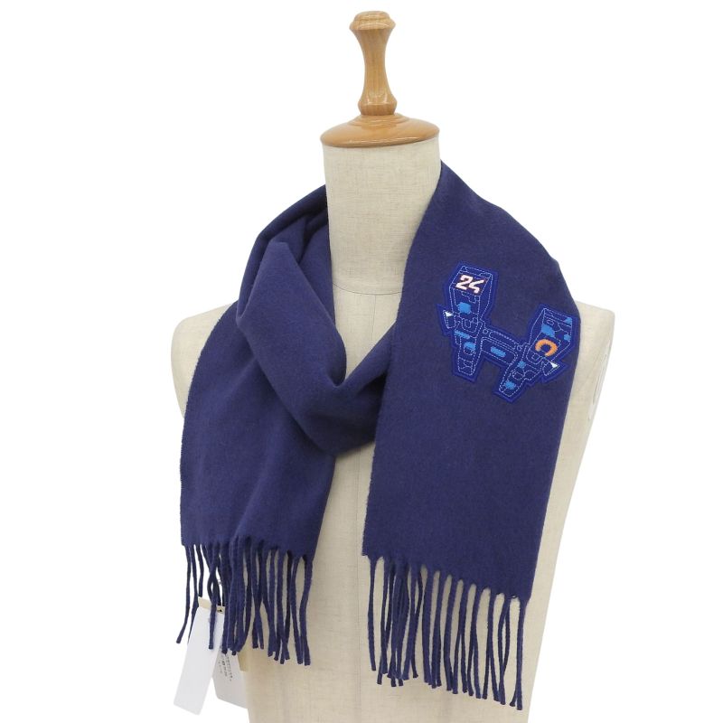 Hermes Imprime Odysee 100% Cashmere H Logo Design Fringed Scarf Navy — view 2
