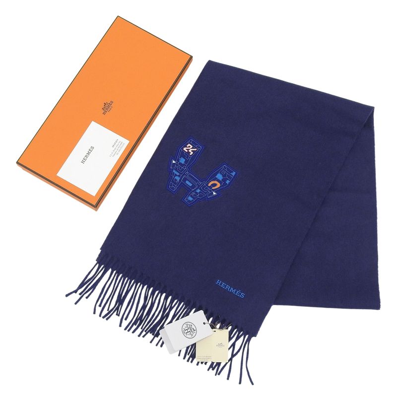 Hermes Imprime Odysee 100% Cashmere H Logo Design Fringed Scarf Navy — view 3