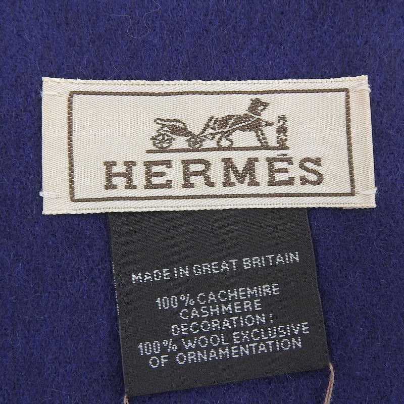 Hermes Imprime Odysee 100% Cashmere H Logo Design Fringed Scarf Navy — view 7