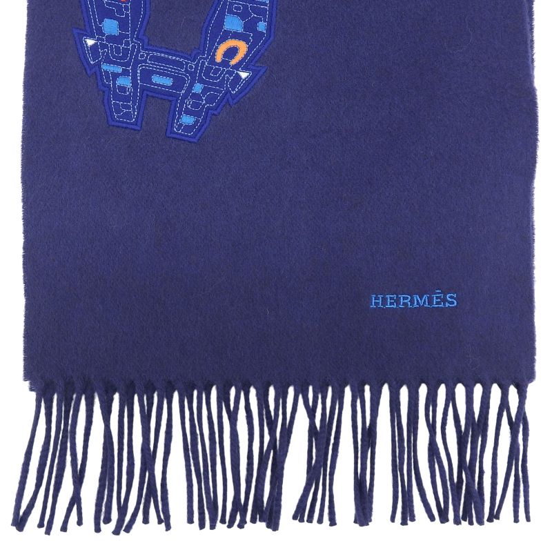 Hermes Imprime Odysee 100% Cashmere H Logo Design Fringed Scarf Navy — view 4