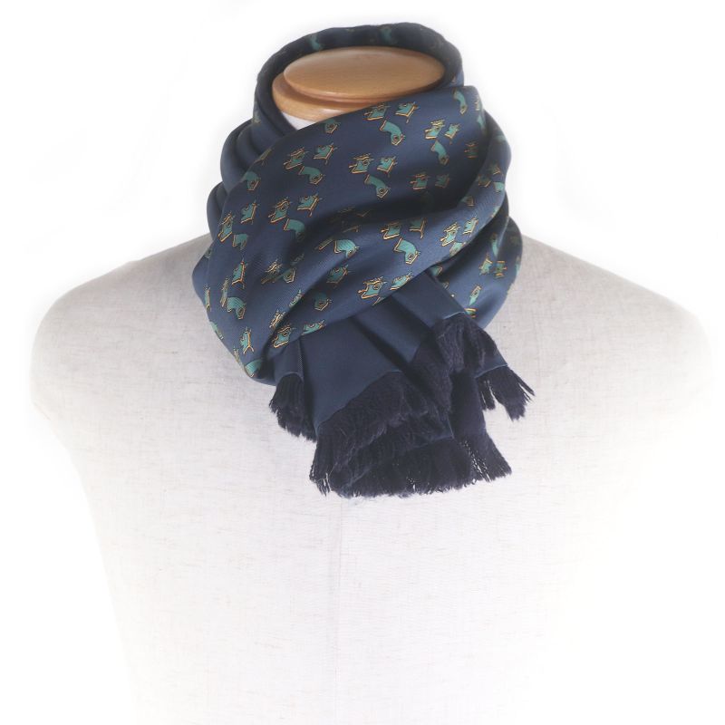 Hermes Silk Angora Horse Harness with All Over Pattern Fringe Scarf Shawl Navy — view 3