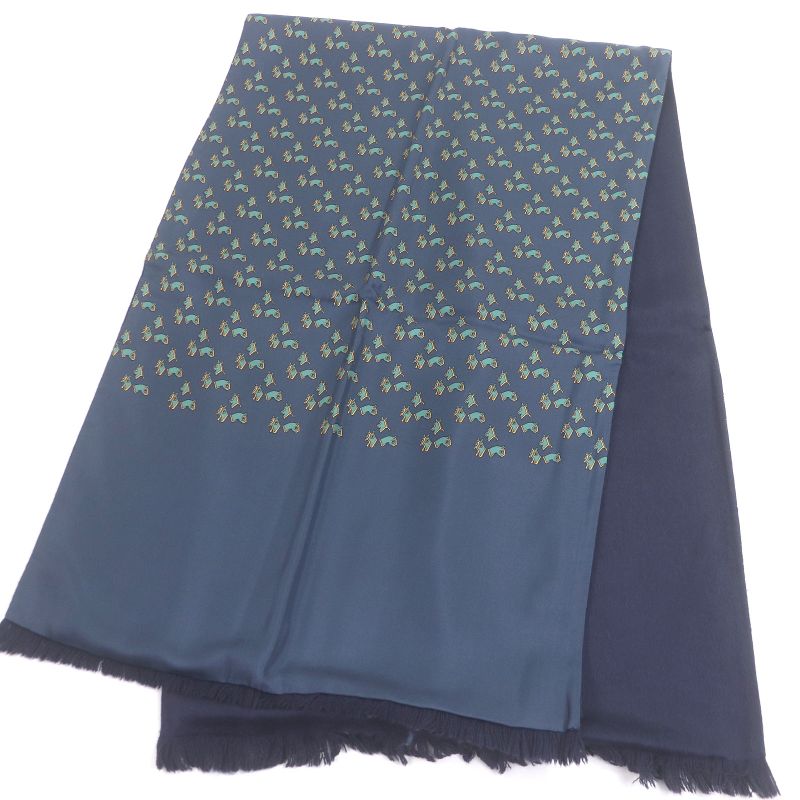Hermes Silk Angora Horse Harness with All Over Pattern Fringe Scarf Shawl Navy — view 4