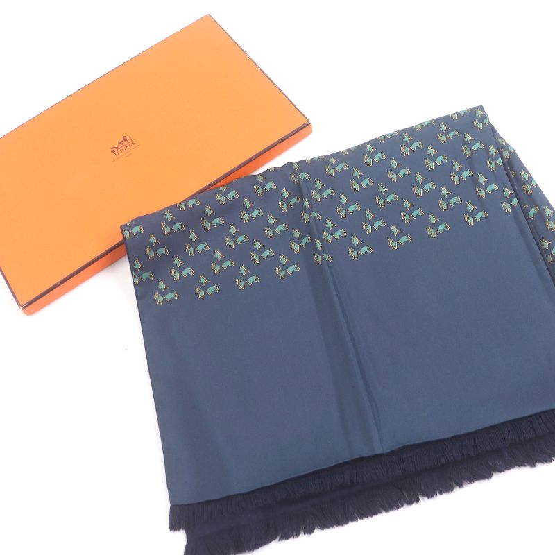 Hermes Silk Angora Horse Harness with All Over Pattern Fringe Scarf Shawl Navy — view 2