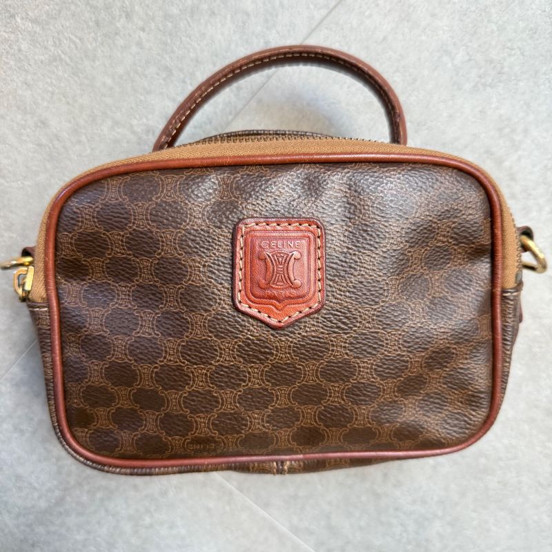 Celine Macadam Pattern Vintage Mini Handbag Pouch Triomphe Calf Leather Brown — view 5