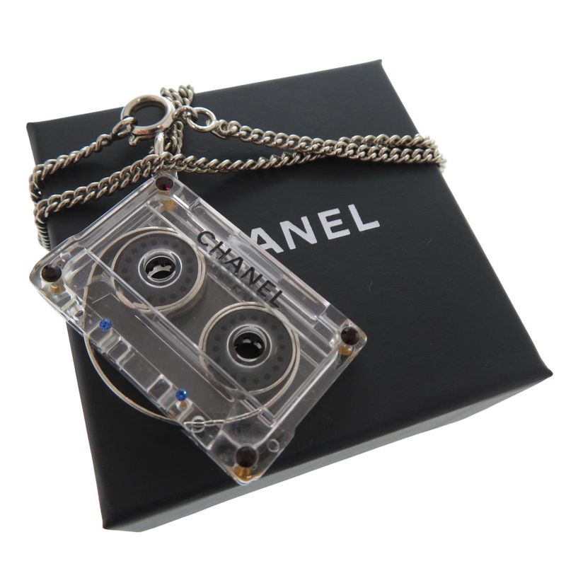 Chanel Cassette Tape Rhinestone Necklace Plastic Clear 1434 — view 3