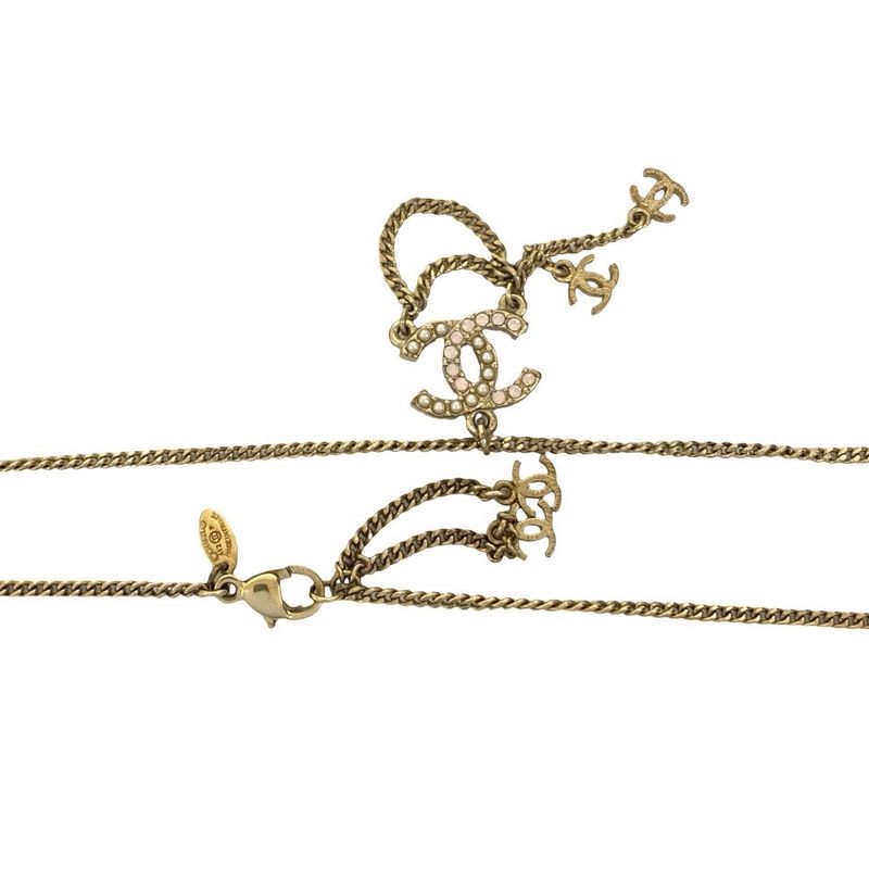 Chanel Coco Mark GP Rhinestone Faux Pearl Necklace Gold Pink 12AP — view 3