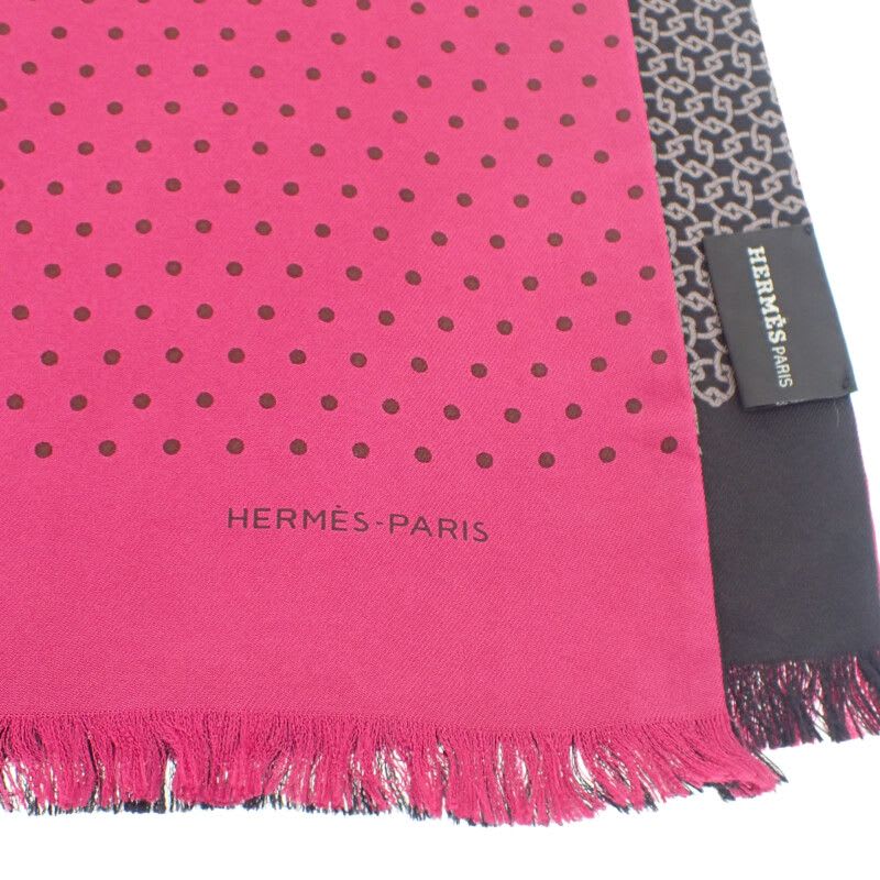 Hermes Polka Dot Scarf Silk Pink Black Reversible Fringe Autumn Winter — view 4