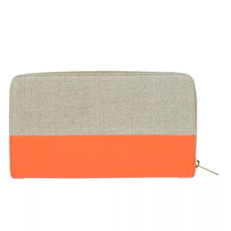 Celine Long Wallet Round Zipper Orange Beige Leather Linen 09 Bs057 — view 3