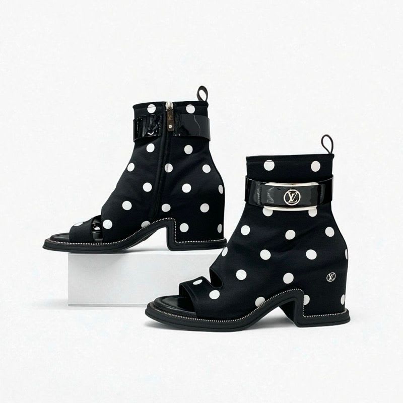 Louis Vuitton Moonlight Line Boots Short Shoes Satin Black White Dot Belt — view 4