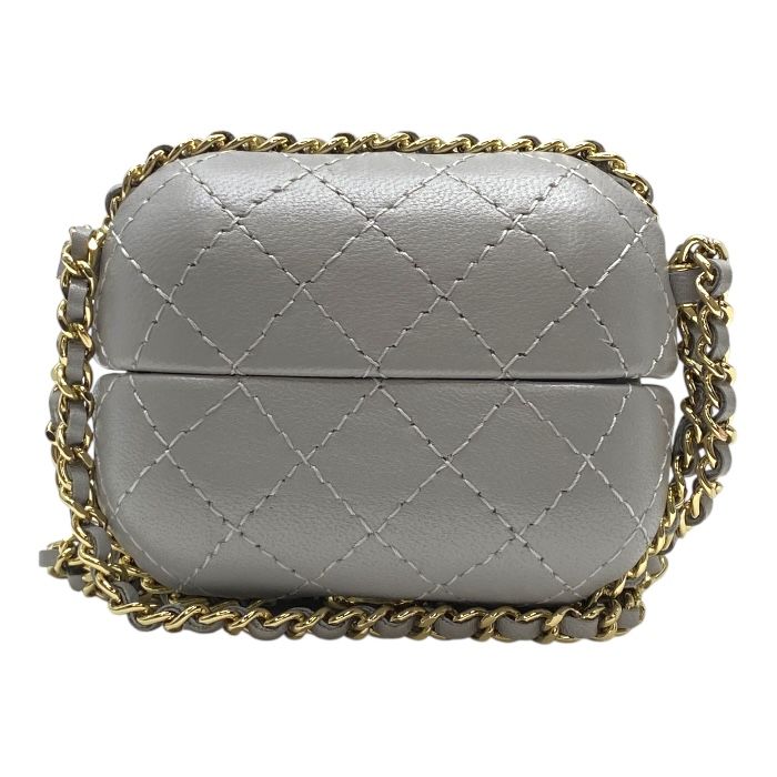 Chanel Airpods Case Quilted Chain Charm Lambskin Coco Mark Grey — view 2