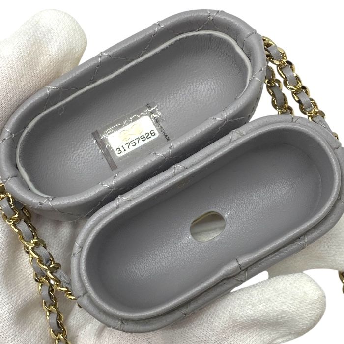 Chanel Airpods Case Quilted Chain Charm Lambskin Coco Mark Grey — view 5