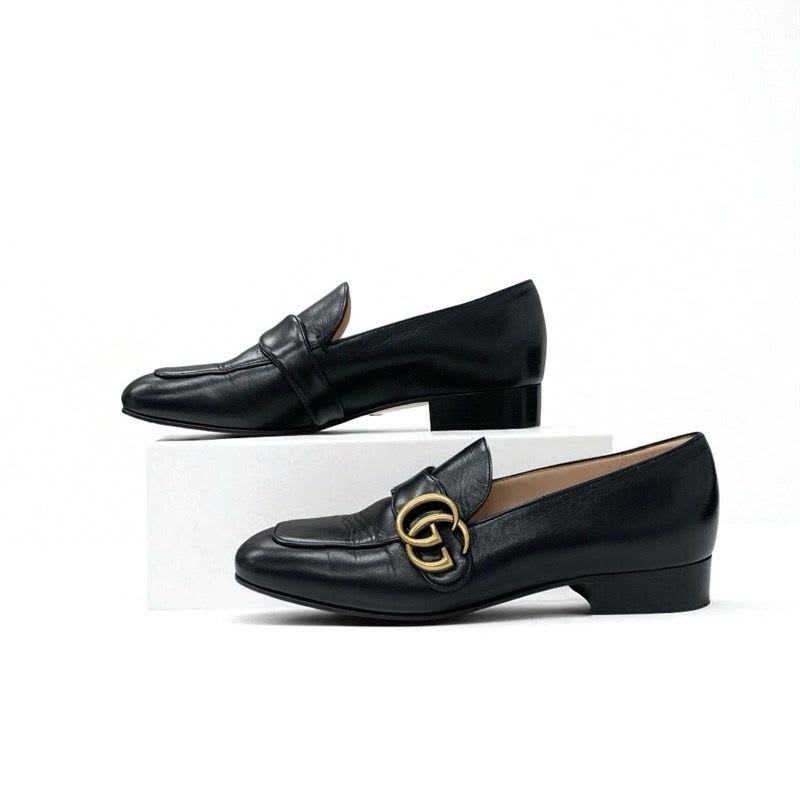 Gucci Loafer Leather Shoes Black Gold Double G GG Marmont — view 3