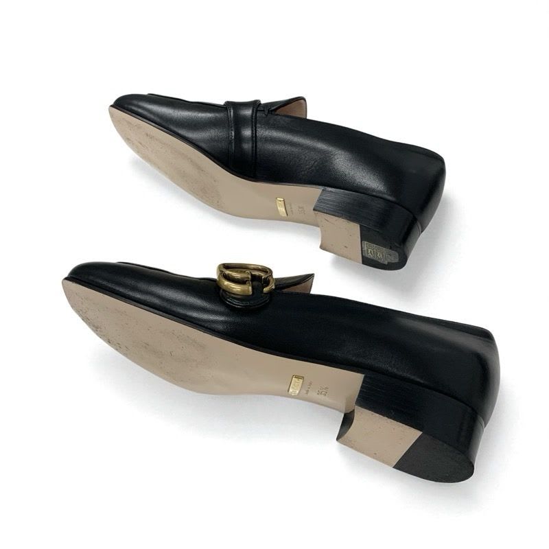 Gucci Loafer Leather Shoes Black Gold Double G GG Marmont — view 6