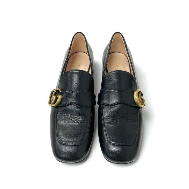 Gucci Loafer Leather Shoes Black Gold Double G GG Marmont — view 2