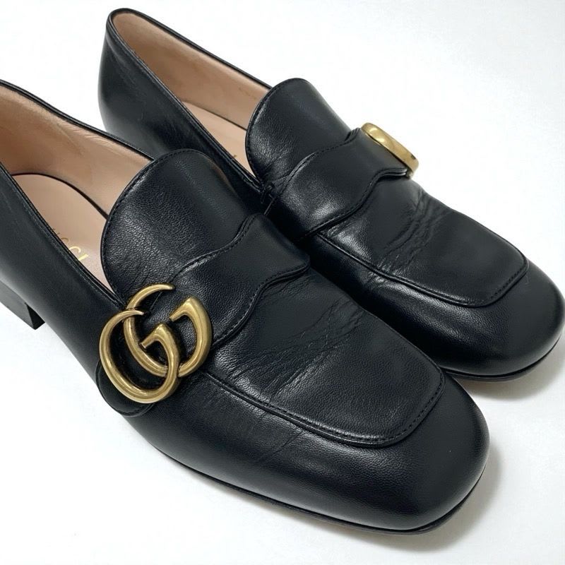 Gucci Loafer Leather Shoes Black Gold Double G GG Marmont — view 9