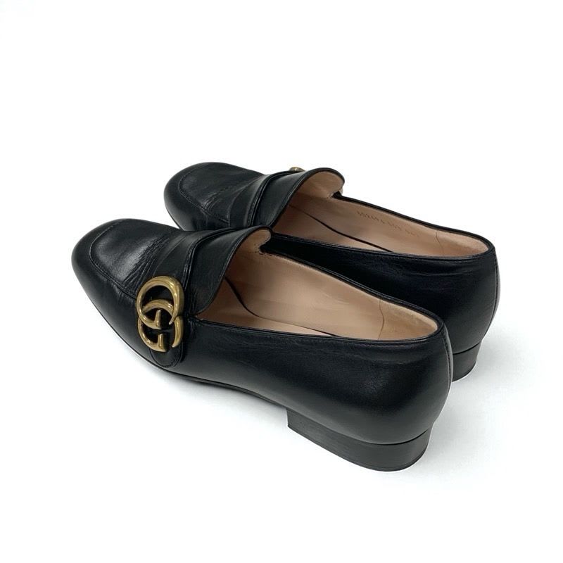 Gucci Loafer Leather Shoes Black Gold Double G GG Marmont — view 4