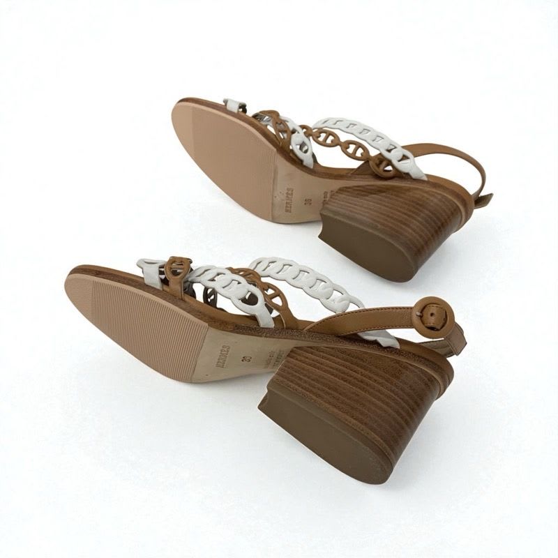 Hermes Romanza Sandals Shoes Leather Brown White Chaine D'ancre Strap — view 6