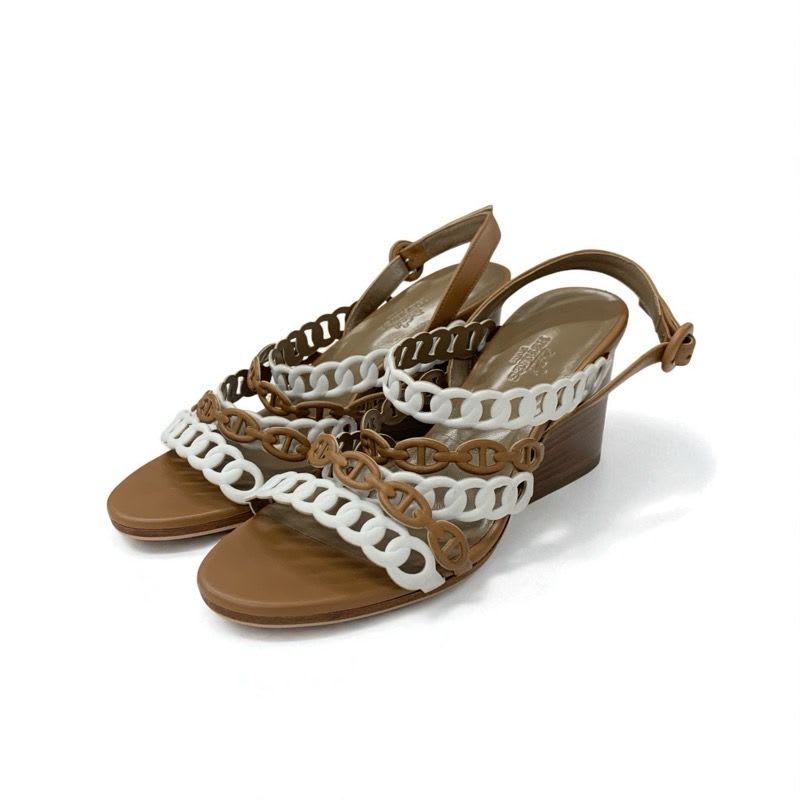 Hermes Romanza Sandals Shoes Leather Brown White Chaine D'ancre Strap — view 2