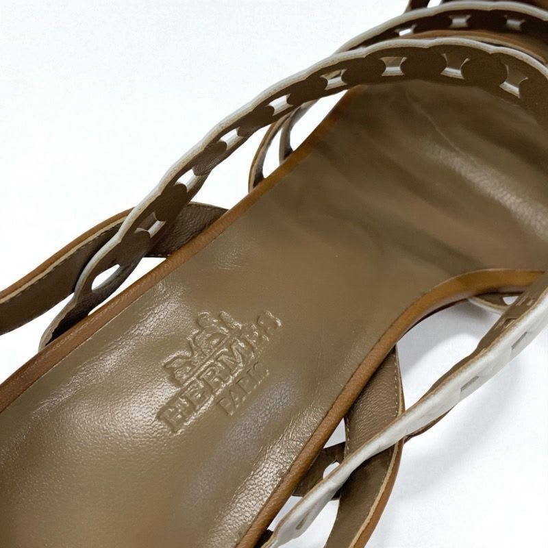 Hermes Romanza Sandals Shoes Leather Brown White Chaine D'ancre Strap — view 7