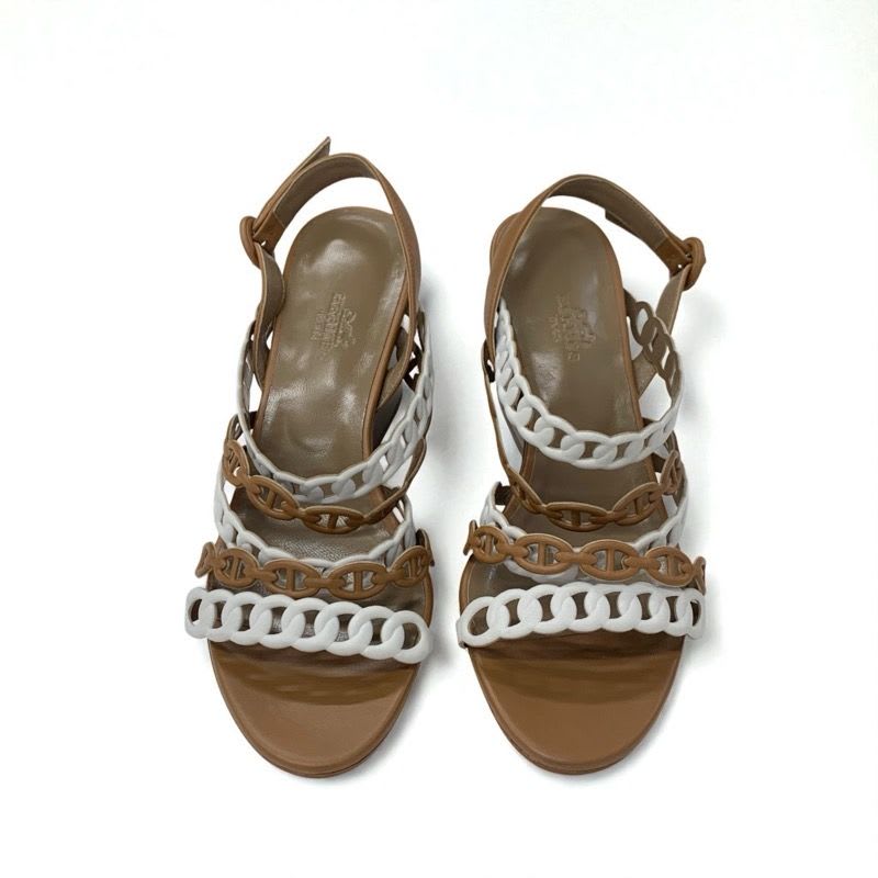Hermes Romanza Sandals Shoes Leather Brown White Chaine D'ancre Strap — view 3