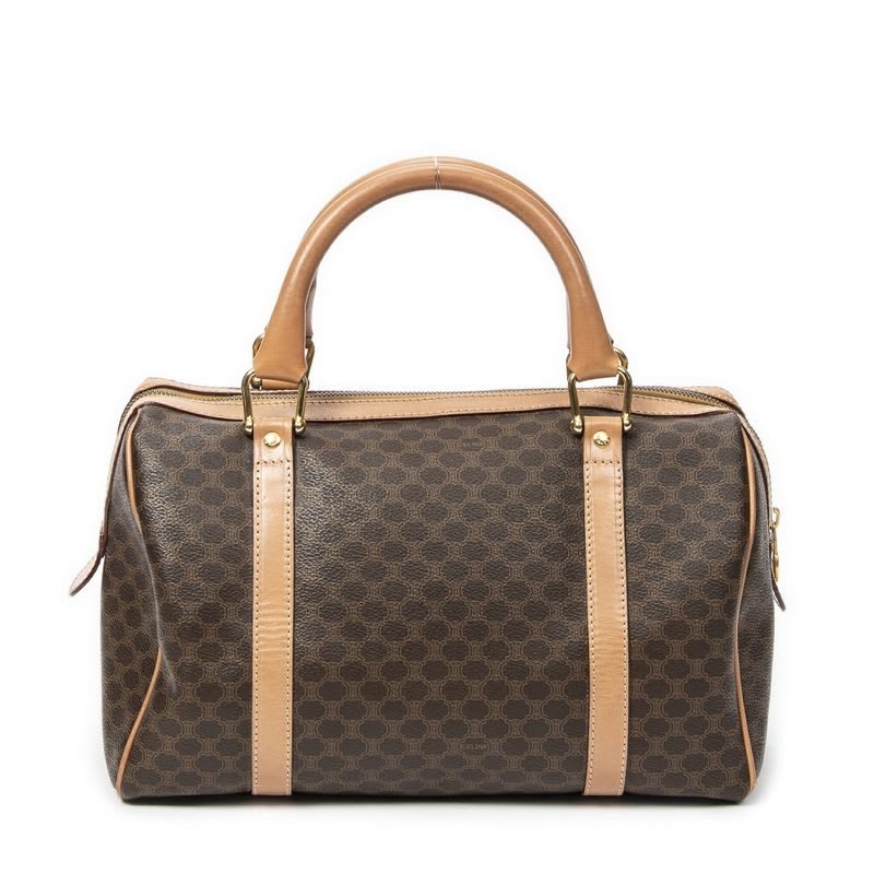 Celine Vintage Small Boston Brown Beige Macadam Canvas AB — view 6