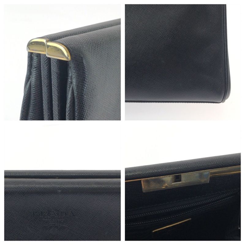 Prada Vintage Saffiano Logo Black Gold Hardware Leather Second Bag Clutch — view 7