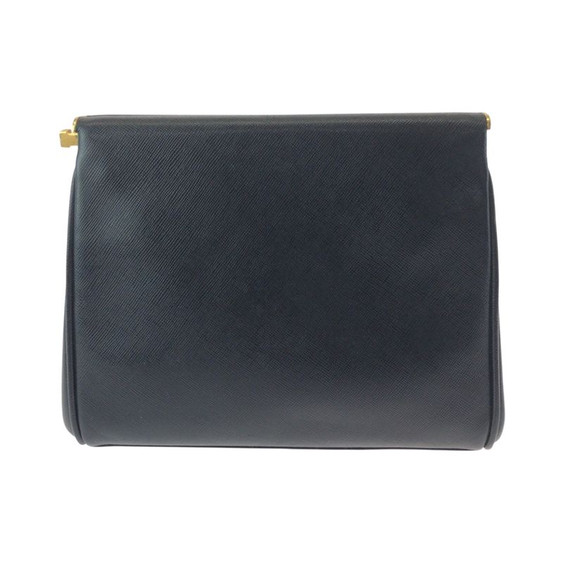 Prada Vintage Saffiano Logo Black Gold Hardware Leather Second Bag Clutch — view 2
