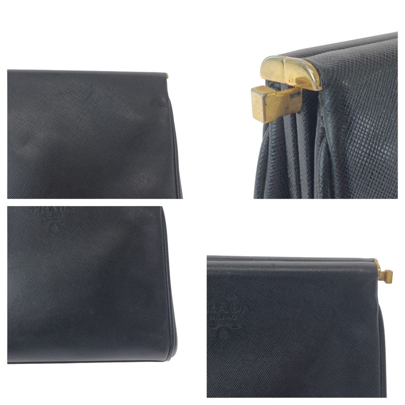 Prada Vintage Saffiano Logo Black Gold Hardware Leather Second Bag Clutch — view 6
