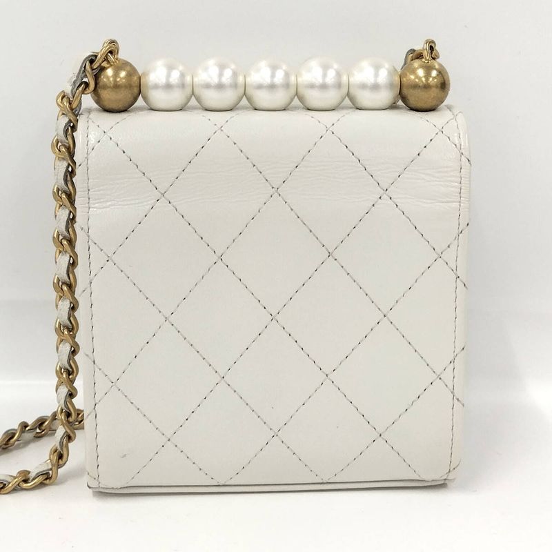 Chanel Pearl Chain Clutch Shoulder Bag Quilted Leather White — view 2