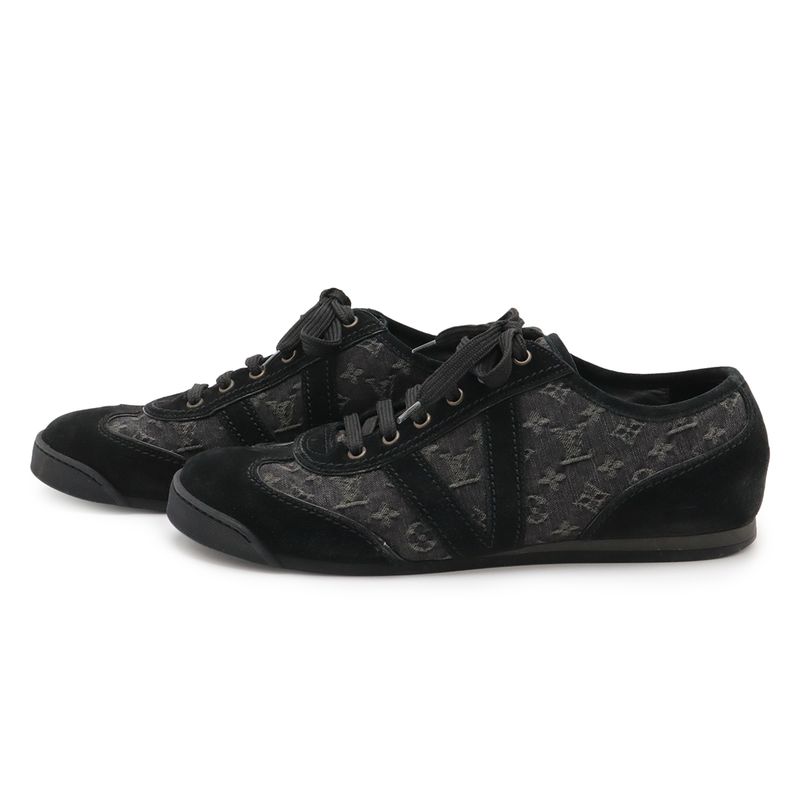Louis Vuitton Monogram Denim Low Cut Sneakers Shoes Suede Black 6 1 2 Size — view 2