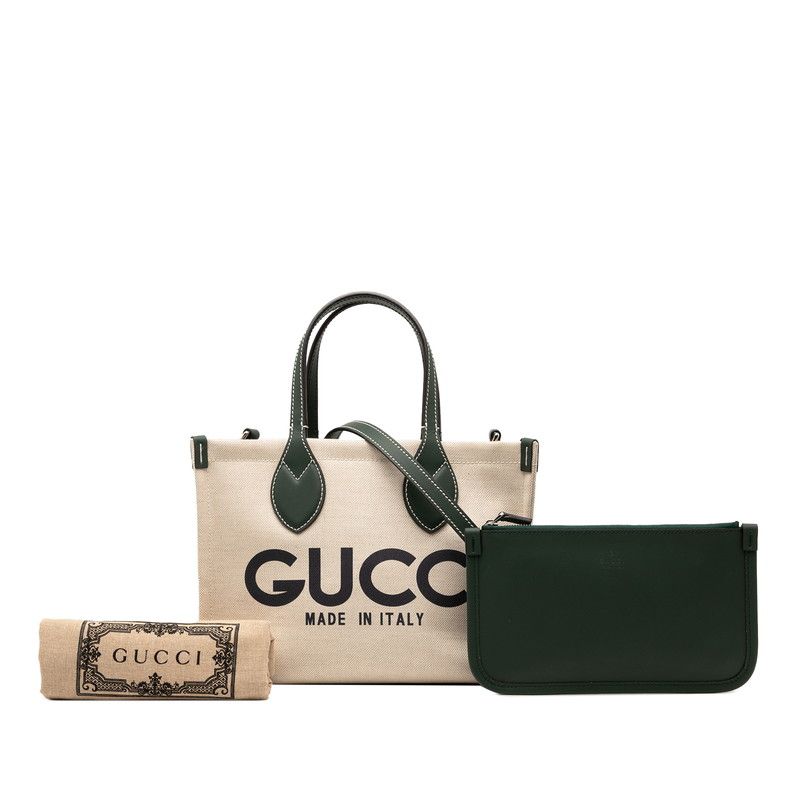 Gucci Logo Print Mini Tote Shoulder Bag 2-Way Beige Green Canvas Leather — view 7