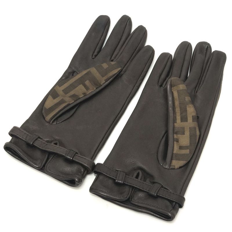Fendi Gloves Zucca Pattern FF Logo Canvas Brown — view 3