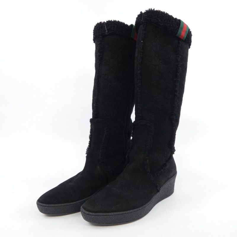 Gucci Horsebit Black Shearling Wedge Boots — view 3