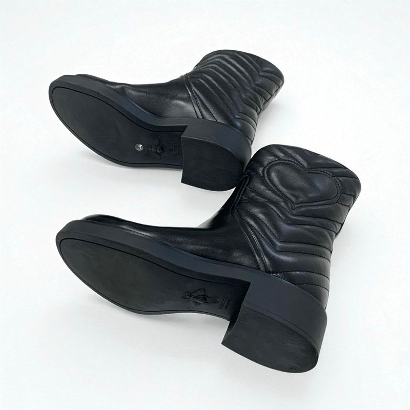 Gucci Boots Short Shoes Leather Black Double G Heart Quilting — view 7