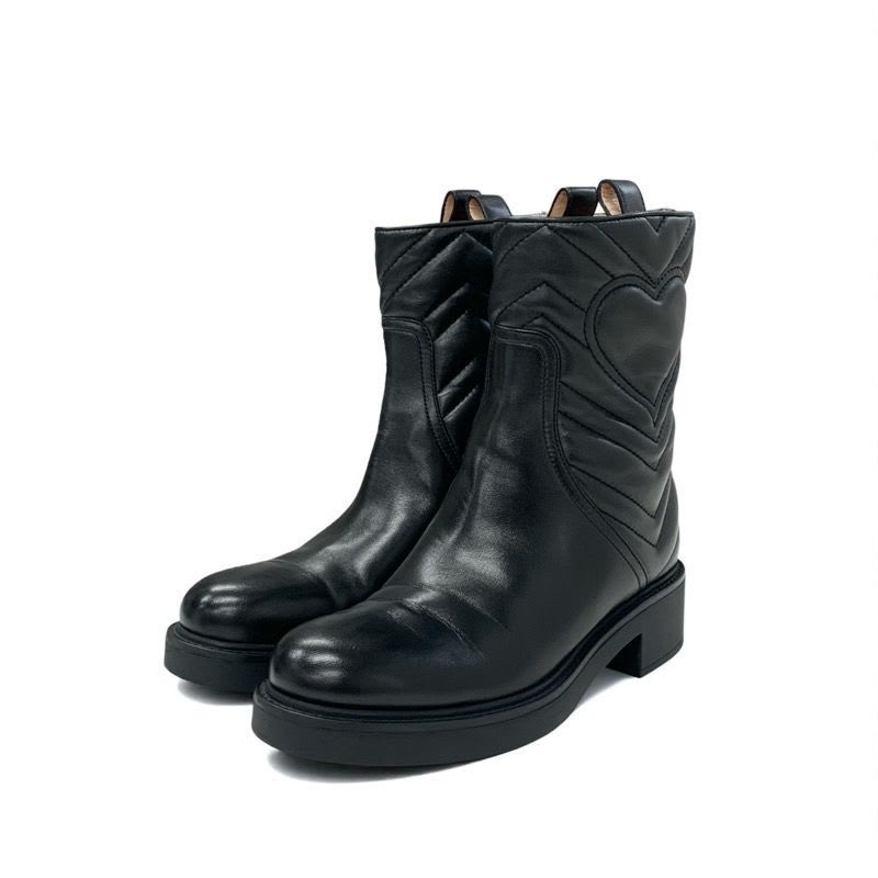 Gucci Boots Short Shoes Leather Black Double G Heart Quilting — view 2