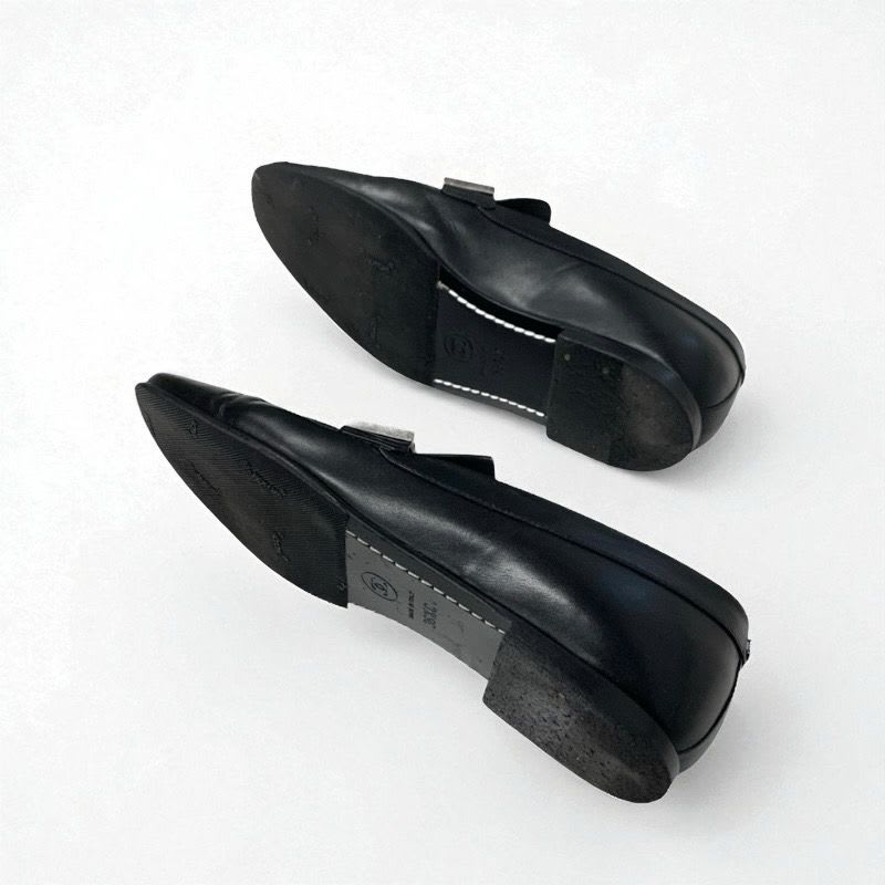 Chanel Loafer Leather Shoes Black Coco Mark Pearl Chain Flat — view 6