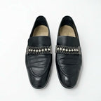 Chanel Loafer Leather Shoes Black Coco Mark Pearl Chain Flat — view 2