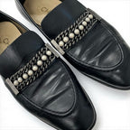 Chanel Loafer Leather Shoes Black Coco Mark Pearl Chain Flat — view 9