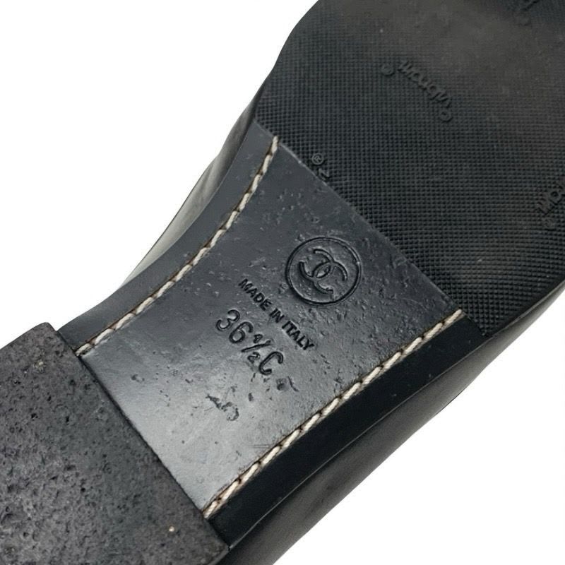 Chanel Loafer Leather Shoes Black Coco Mark Pearl Chain Flat — view 8