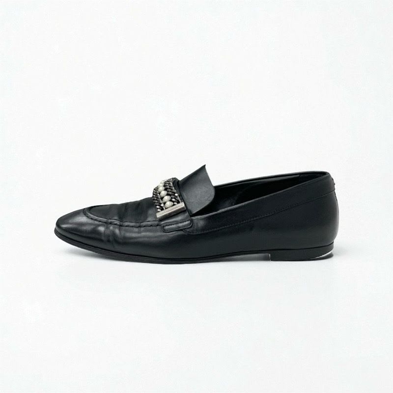 Chanel Loafer Leather Shoes Black Coco Mark Pearl Chain Flat — view 3