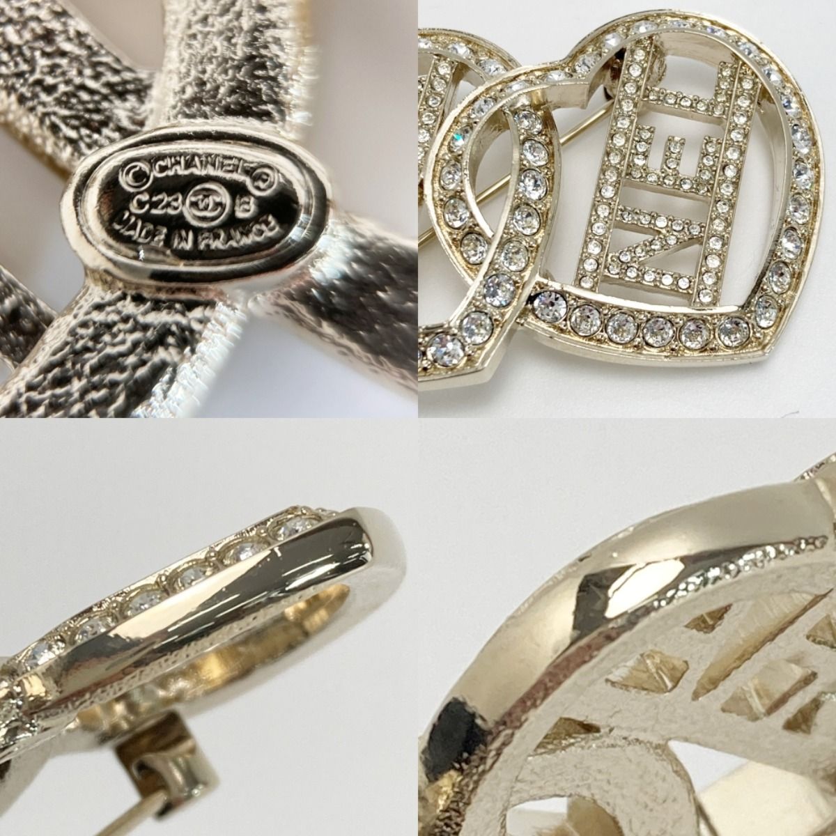 Chanel Logo Double Heart Brooch C23 B Gold GP Rhinestone — view 5