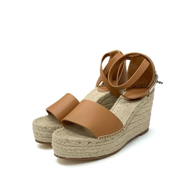 Hermes Tipo Sandals Shoes Leather Brown Silver Kelly Hardware Wedge Sole — view 3