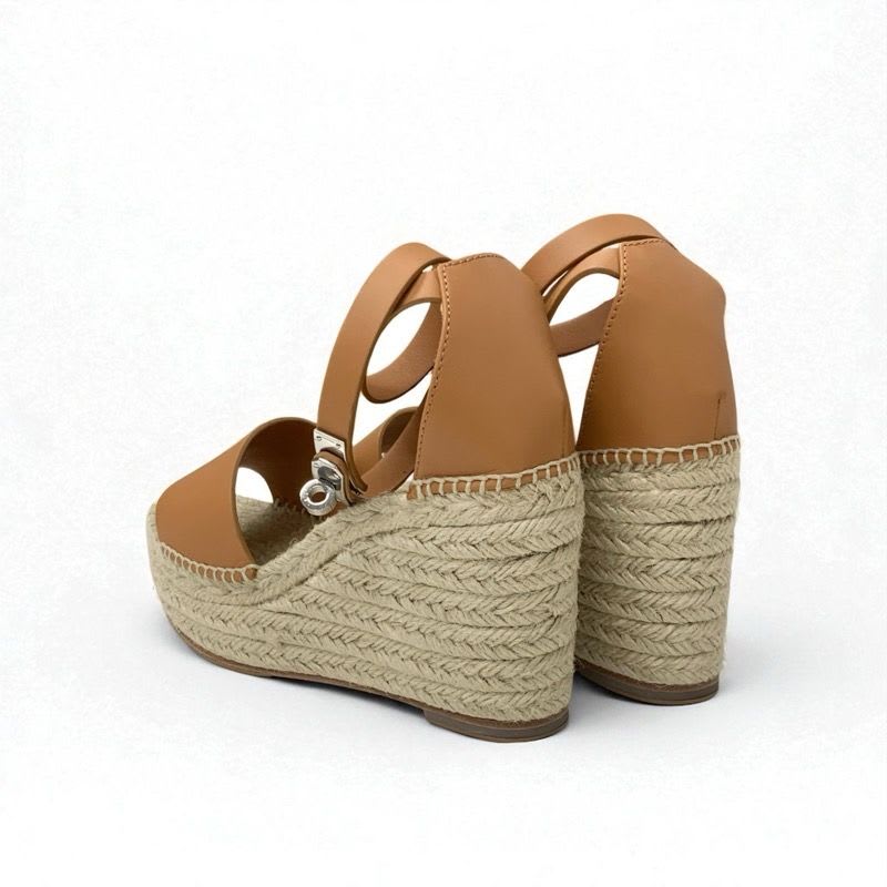 Hermes Tipo Sandals Shoes Leather Brown Silver Kelly Hardware Wedge Sole — view 5