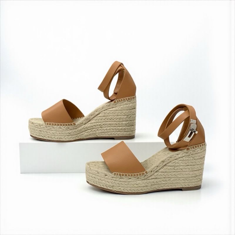 Hermes Tipo Sandals Shoes Leather Brown Silver Kelly Hardware Wedge Sole — view 4