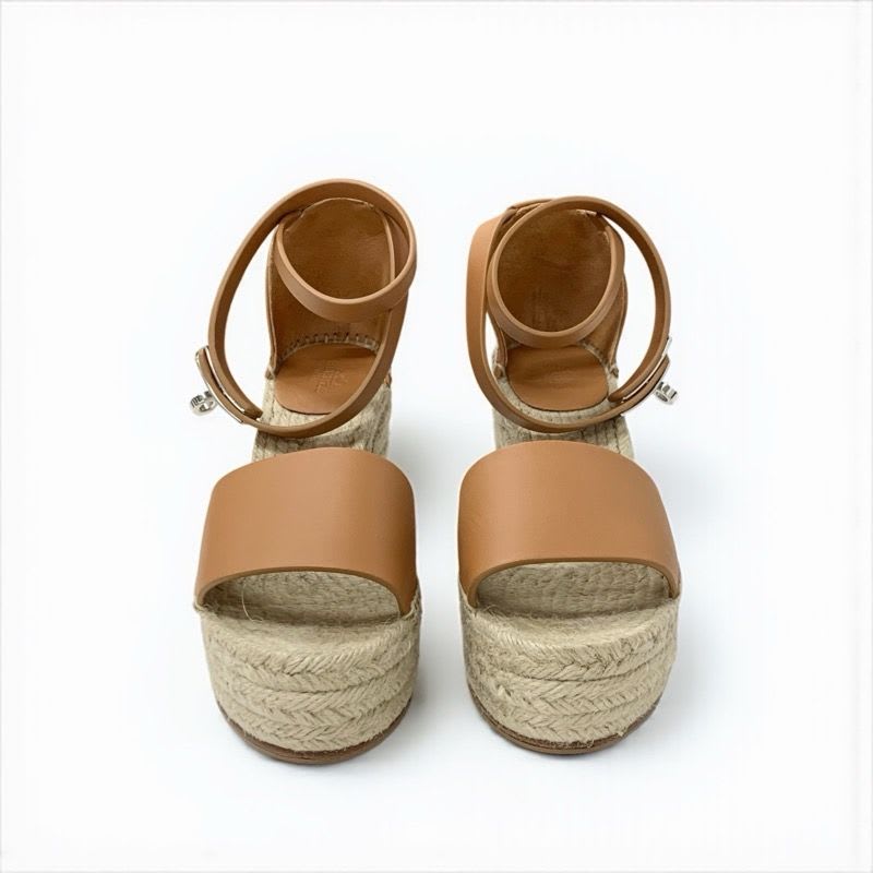 Hermes Tipo Sandals Shoes Leather Brown Silver Kelly Hardware Wedge Sole — view 2