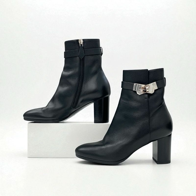 Hermes Saint Germain Boots Short Shoes Leather Black Silver Kelly Hardware — view 4