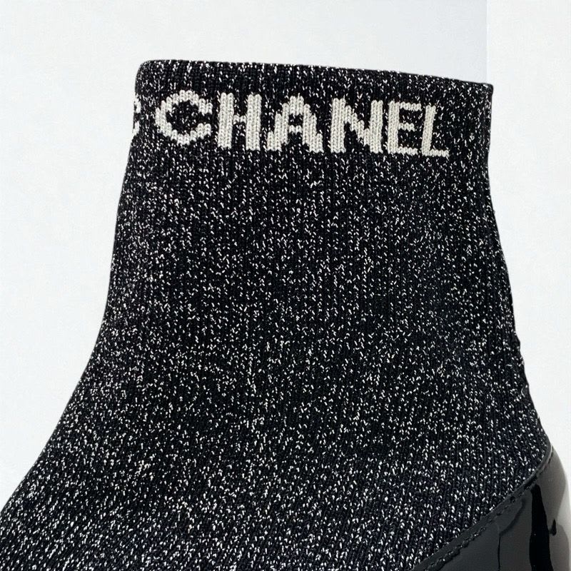 Chanel Boots Short Shoes Patent Fabric Black Silver Coco Mark Lame Sock — view 9