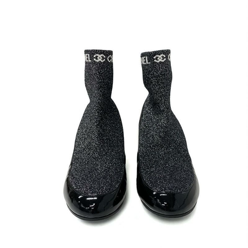 Chanel Boots Short Shoes Patent Fabric Black Silver Coco Mark Lame Sock — view 3