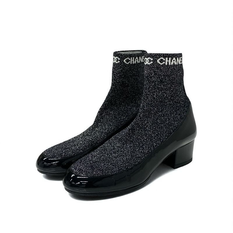 Chanel Boots Short Shoes Patent Fabric Black Silver Coco Mark Lame Sock — view 2