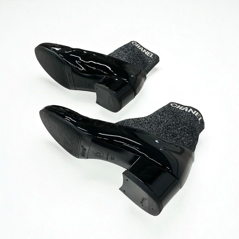 Chanel Boots Short Shoes Patent Fabric Black Silver Coco Mark Lame Sock — view 6